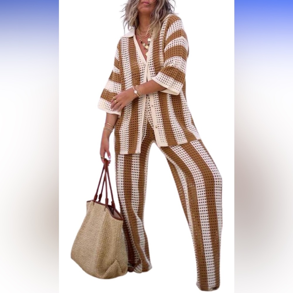 Wide Leg Crochet Pants & Matching Top in Brown and Cream